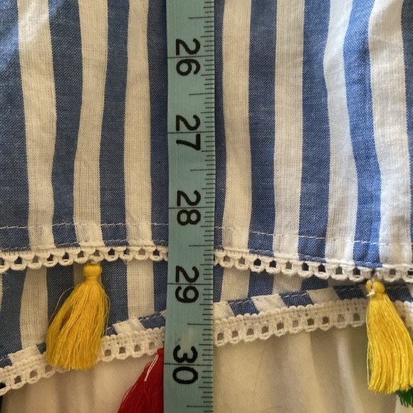 intro. Embroidered Floral, Blue and White Stripped Tunic Top w/ Colorful Tassels - Picture 6 of 7